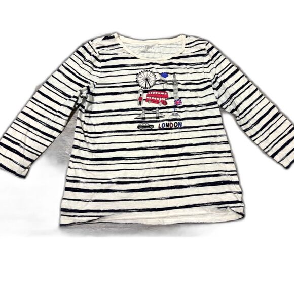 Talbots Top M White Black Stripe London Embroidered 3/4 Sleeve Blokecore Casual - Picture 6 of 7